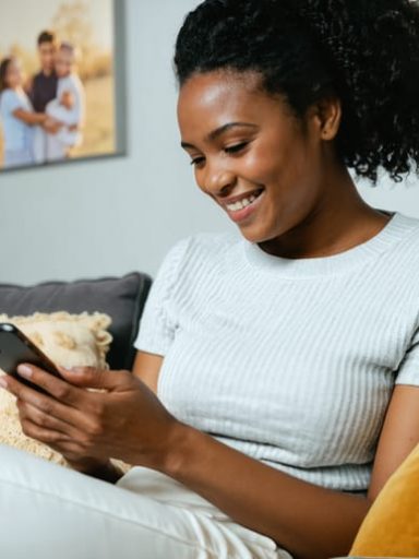 A single parent gracefully balancing family responsibilities and dating life, checking their phone while engaging with their children in a comfortable home setting, symbolizing harmony between personal growth and family well-being.