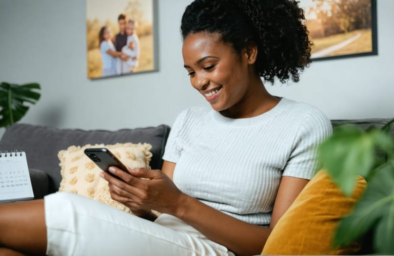 A single parent gracefully balancing family responsibilities and dating life, checking their phone while engaging with their children in a comfortable home setting, symbolizing harmony between personal growth and family well-being.