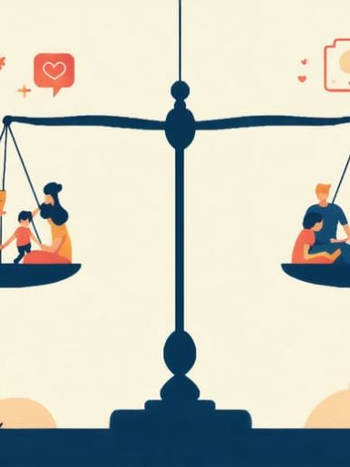 A conceptual illustration showing a digital scale balancing family activities with online dating symbols, representing the balance between family life and dating.