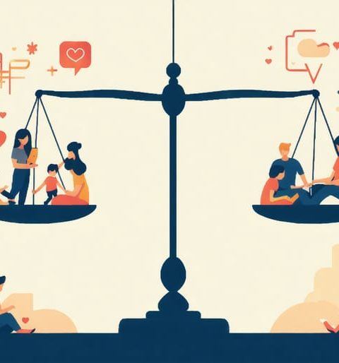 A conceptual illustration showing a digital scale balancing family activities with online dating symbols, representing the balance between family life and dating.