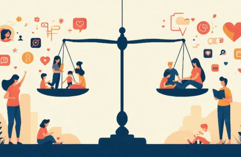 A conceptual illustration showing a digital scale balancing family activities with online dating symbols, representing the balance between family life and dating.