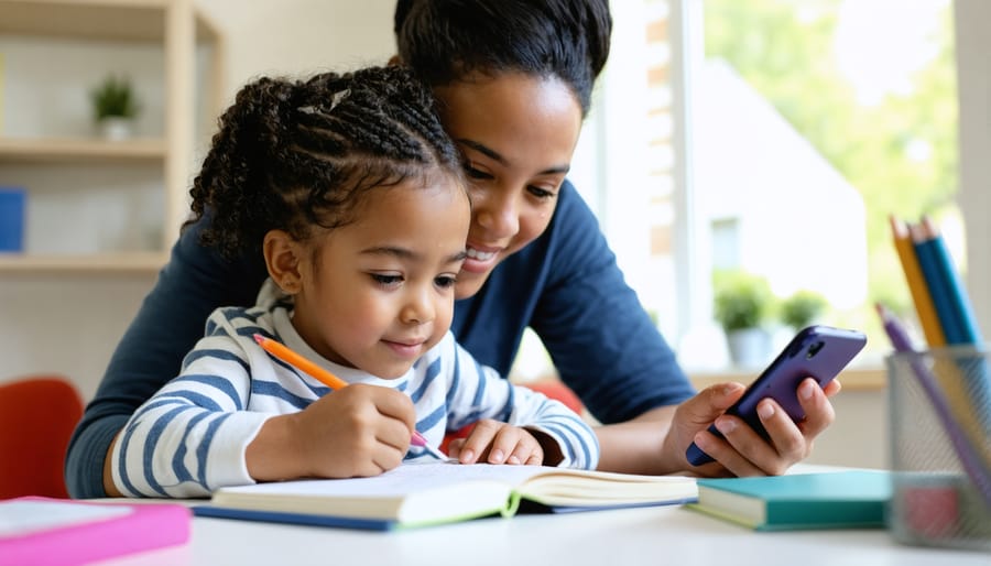 Single parent balancing attention between child's homework and mobile device