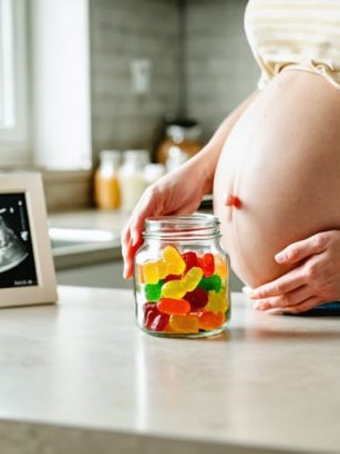 Pregnant woman at a sunlit kitchen table with one hand on her belly, looking thoughtfully at a sealed glass jar of colorful gummies, with blurred ultrasound photo and baby blanket in the background.