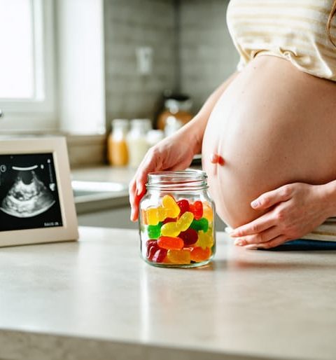 Pregnant woman at a sunlit kitchen table with one hand on her belly, looking thoughtfully at a sealed glass jar of colorful gummies, with blurred ultrasound photo and baby blanket in the background.
