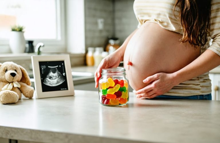 Pregnant woman at a sunlit kitchen table with one hand on her belly, looking thoughtfully at a sealed glass jar of colorful gummies, with blurred ultrasound photo and baby blanket in the background.