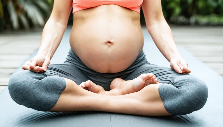 Pregnant woman practicing gentle prenatal yoga exercise in home setting