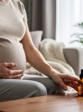 Pregnant woman sitting by a window places a protective hand on her belly while gently pushing away an unopened amber dropper bottle on a table, with a softly blurred home interior in the background.