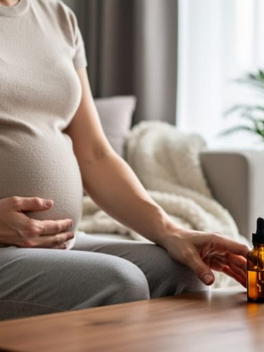 Pregnant woman sitting by a window places a protective hand on her belly while gently pushing away an unopened amber dropper bottle on a table, with a softly blurred home interior in the background.