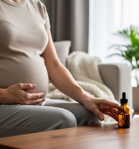 Pregnant woman sitting by a window places a protective hand on her belly while gently pushing away an unopened amber dropper bottle on a table, with a softly blurred home interior in the background.
