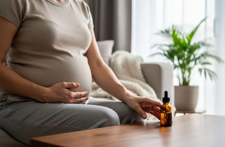 Pregnant woman sitting by a window places a protective hand on her belly while gently pushing away an unopened amber dropper bottle on a table, with a softly blurred home interior in the background.