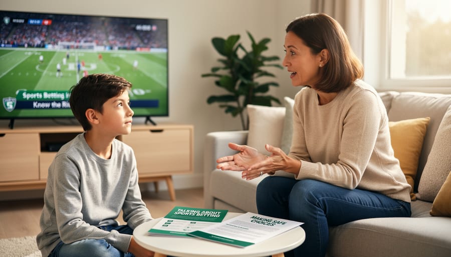 Parent and tween child having an engaged face-to-face conversation at home