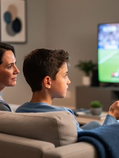 Parent holding a remote turns to speak with a preteen on a couch while a blurred sports game plays on the TV in the background under warm evening light.