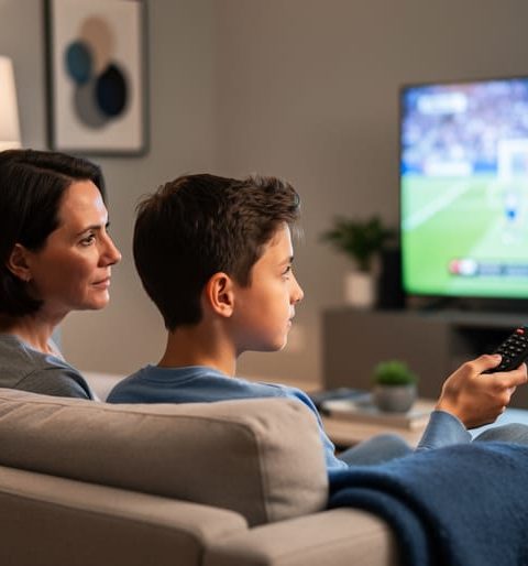 Parent holding a remote turns to speak with a preteen on a couch while a blurred sports game plays on the TV in the background under warm evening light.