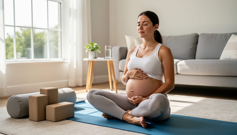 Pregnant woman practicing meditation and yoga in peaceful studio setting
