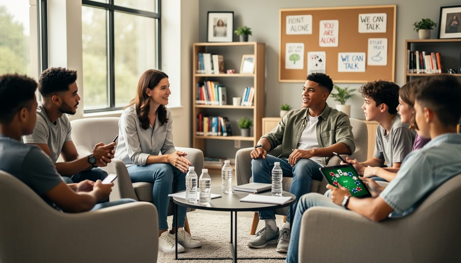 Parent and teenage daughter having calm conversation at kitchen table