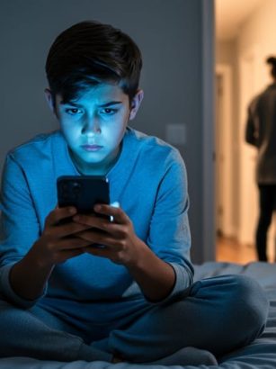 Teenager on bed at night illuminated by phone screen, with a parent’s silhouette in an open doorway and soft-blurred bedroom background