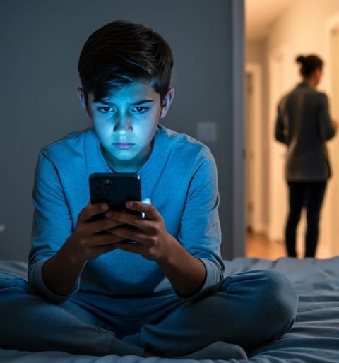 Teenager on bed at night illuminated by phone screen, with a parent’s silhouette in an open doorway and soft-blurred bedroom background