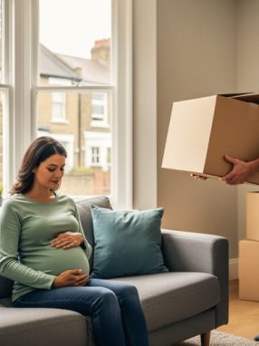 Pregnant woman sitting on a sofa holding her belly while her partner lifts a moving box in a sunlit UK living room with stacked boxes and a view of brick terraces through the window.