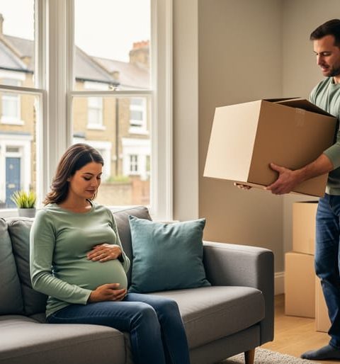 Pregnant woman sitting on a sofa holding her belly while her partner lifts a moving box in a sunlit UK living room with stacked boxes and a view of brick terraces through the window.