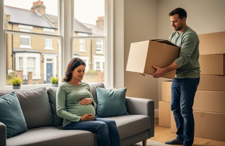 Pregnant woman sitting on a sofa holding her belly while her partner lifts a moving box in a sunlit UK living room with stacked boxes and a view of brick terraces through the window.