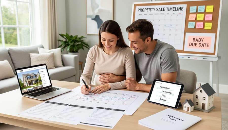 Pregnant woman's hands planning timeline in notebook with house keys and calendar