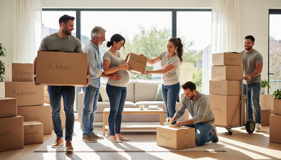 Pregnant woman resting on sofa while helper carries moving boxes