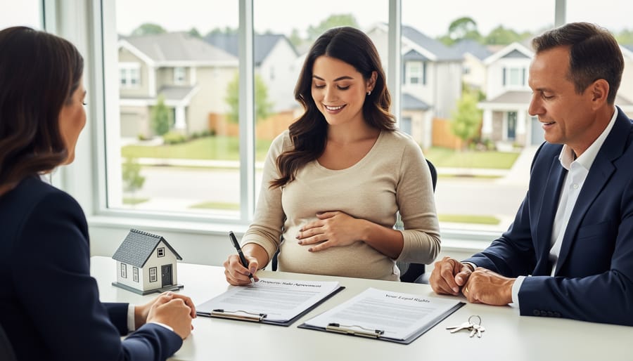 Pregnant woman reviewing documents while resting hands on belly