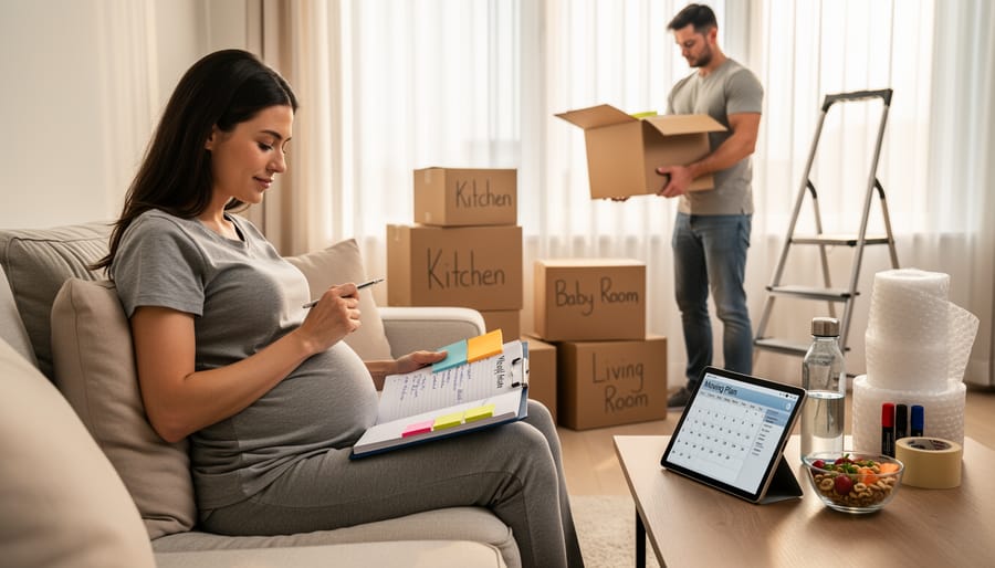 Pregnant woman sitting on floor organizing moving boxes in bright living room